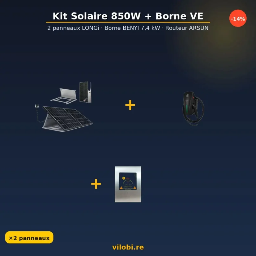 Kit solaire 850W + borne VE 7,4 kW + routeur ARSUN — Vilobi La Réunion