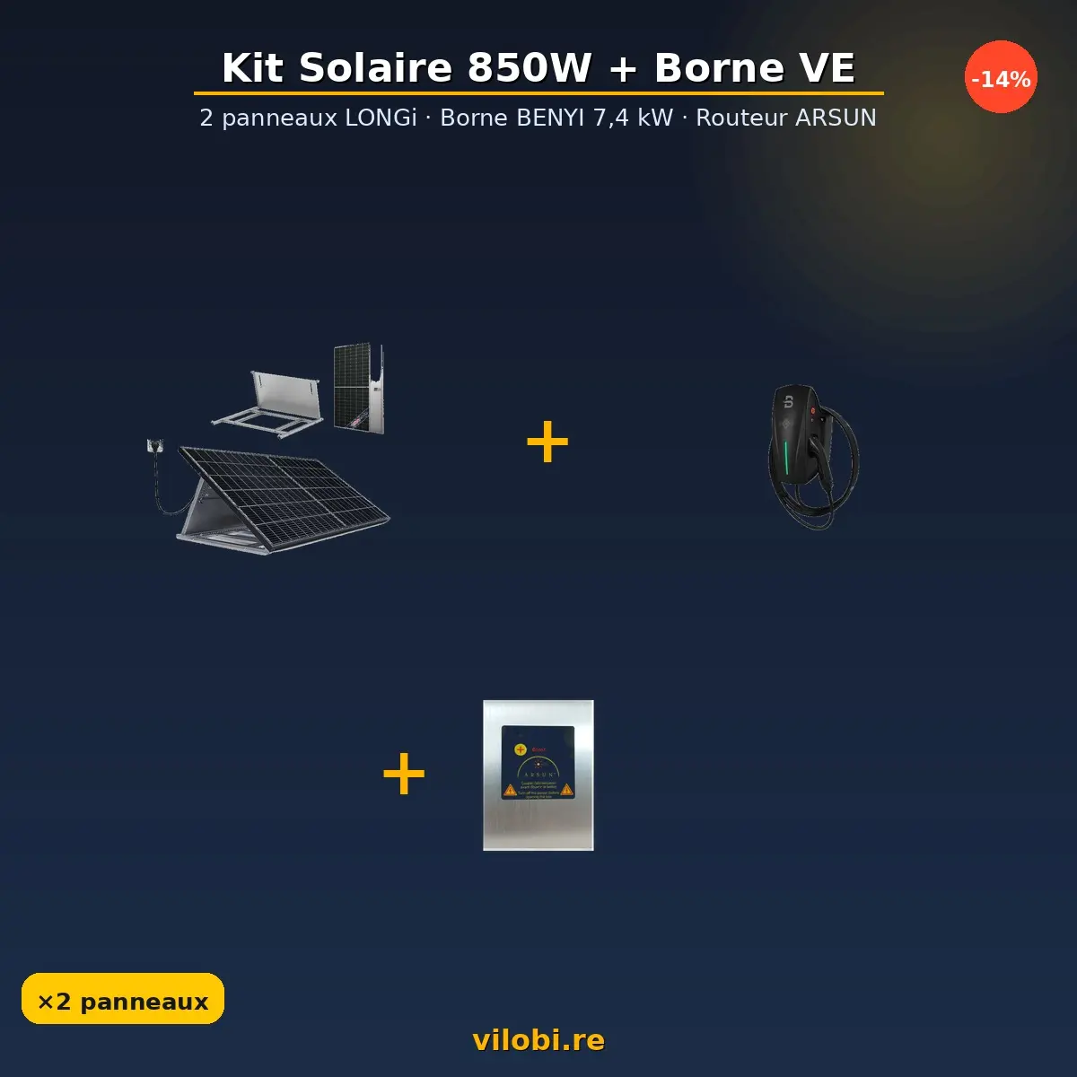 Kit solaire 850W + borne VE 7,4 kW + routeur ARSUN — Vilobi La Réunion