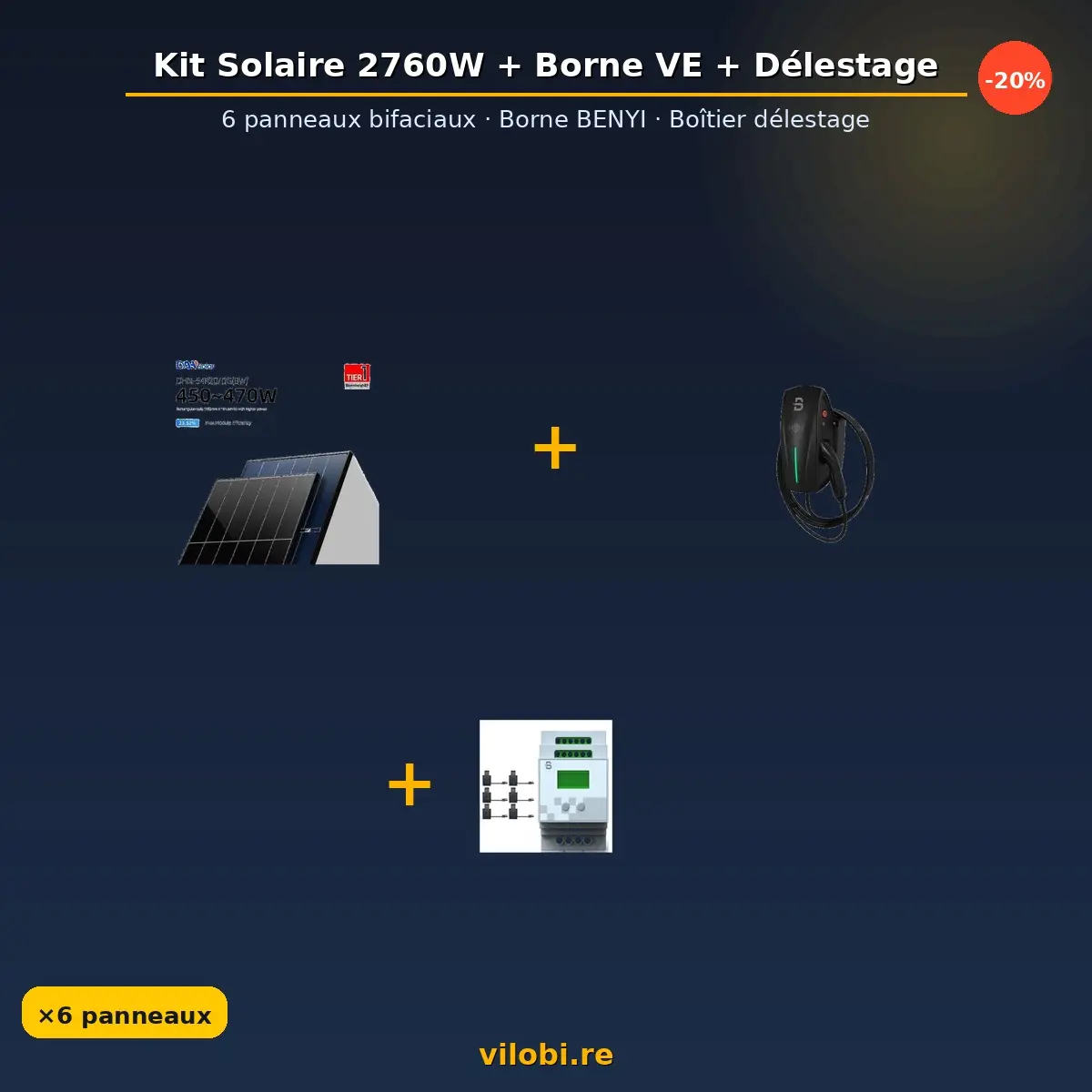 Kit solaire 2760W + borne VE 7,4 kW + délestage Benyi — La Réunion