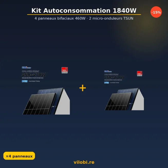 Kit autoconsommation solaire 1840W — 4 panneaux bifaciaux 460W — Vilobi La Réunion