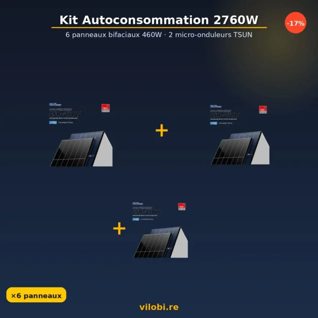 Kit autoconsommation solaire 2760W — 6 panneaux bifaciaux 460W — Vilobi La Réunion